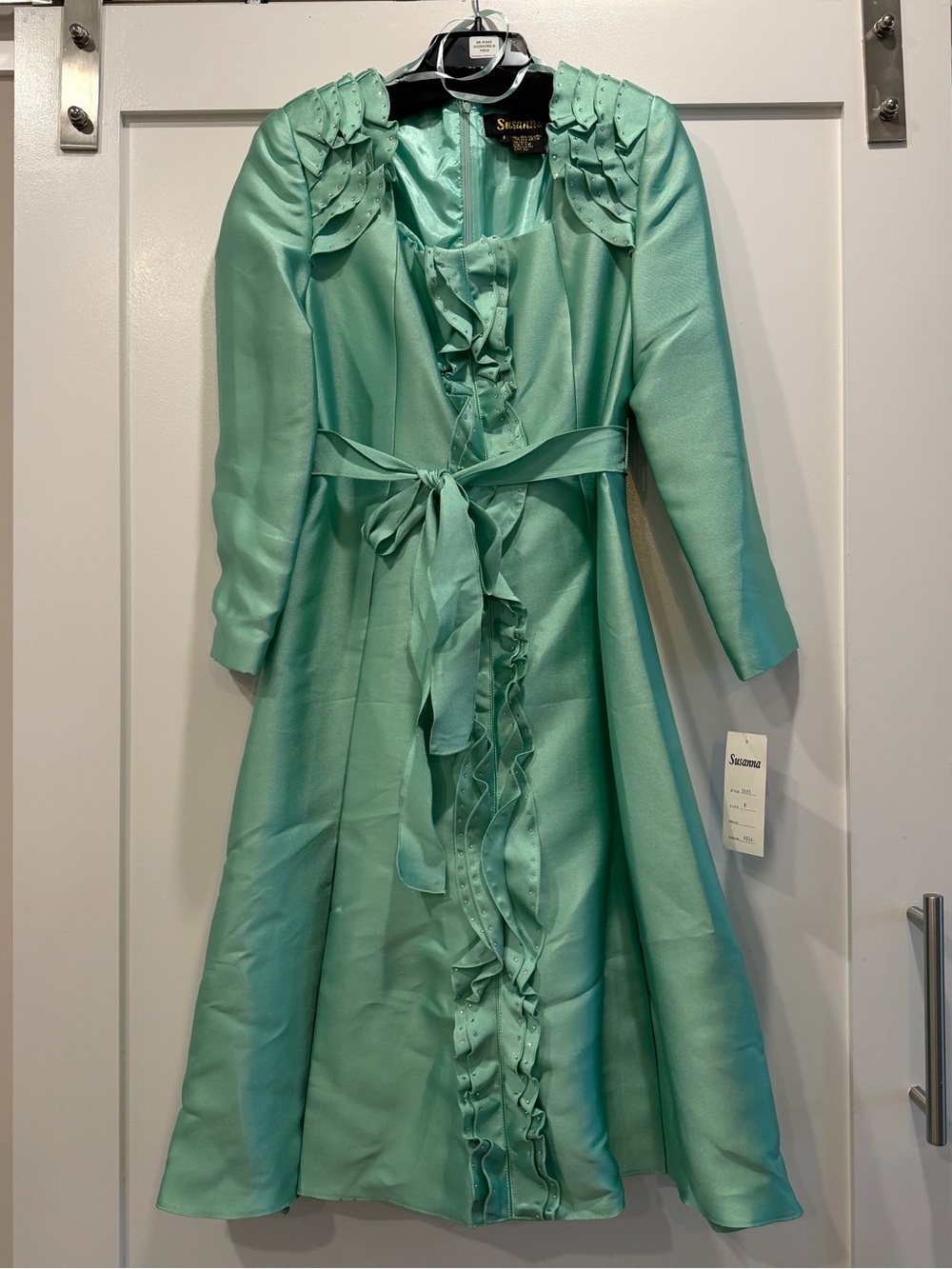 Susanna Mint Ruffle Belted Maxi Dress Long Sleeve Rhinestone Trim Size 8
